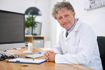 Image showing Senior man, doctor and happy portrait in office for healthcare, medical support and medicine career for administration. Mature, face or health expert with confidence or smile for cardiology in clinic