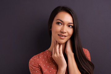 Image showing Thinking, woman and ideas with choice, decision and problem solving on grey studio background. Person, mockup space and girl with emoji or questions with why and brainstorming with solution and model