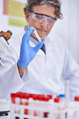 Image showing Scientist, blood and container in laboratory, healthcare facility and chemistry for medical research. Male person, science expert and doctor with results for analysis, dna or study in test tube