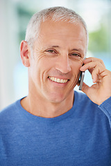 Image showing Portrait, mature man and phone call for communication, contact or talking with smile for good news. Closeup, senior male person and smartphone for connectivity, discussion or conversation at home