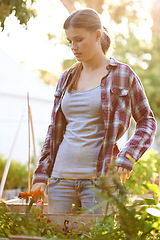 Image showing Thinking, garden and vegetables with woman, nature or harvest with summer, outdoor or nutrition. Hobby, person or girl with tools or plants with backyard or environment with sunshine, vegan or choice