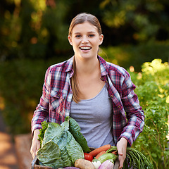 Image showing Happy woman, portrait and plant harvest with vegetables, crops or resources in agriculture, growth or natural sustainability. Female person or farmer with smile and organic veg for fresh produce