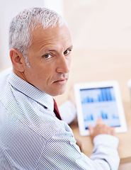 Image showing Portrait, business and senior man with tablet, screen or financial, budget or savings review in office from above. Finance, graph or face of old male data analyst with digital, investment or chart