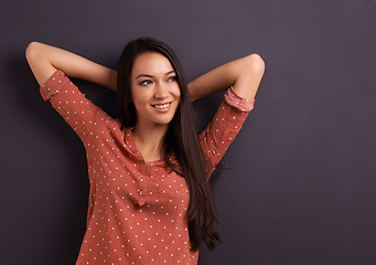 Image showing Mockup, fashion and woman in studio background, pride and cool for trendy style. Female model, smile and confidence with happiness, stylish and edgy girl in casual outfit or clothes from mexico