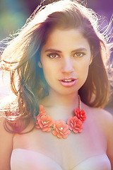 Image showing Beauty, woman and portrait with haircare or cosmetics, foundation and accessories or jewellery in summer. Young lady, face or makeup with eyeliner or flower necklace and outdoor celebration in city