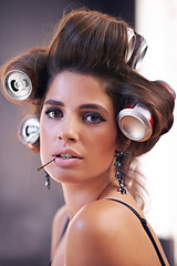 Image showing Haircare, rollers and woman with glamour, portrait and creative for curling with cans for soda on head. Adult, girl and female person with confidence of style, texture and model with aesthetic