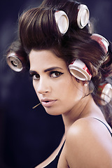 Image showing Texture, rollers and woman with hair, portrait and creative for curling with cans for soda on head. Adult, girl and female person with confidence of style, tools and model with aesthetic for pinup