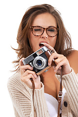 Image showing Portrait, wink and woman with camera, vintage and glasses on photographer with creative style. Fashion, art and aesthetic photography with face of girl on white background for flirt, focus and vision