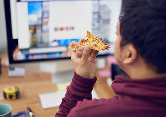 Image showing Businessman, eating and lunch with computer screen in office with rear view and pizza break for working on deadline. Programmer, employee and back with fast food, coding display or hungry at desk