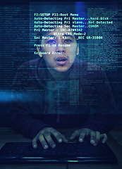 Image showing Code, man and typing with with programming, holographic and hacker with industry and server. Person, dark room and keyboard with guy and holographic with software development, app and cyber security