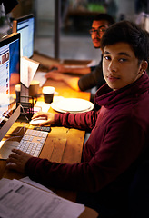 Image showing Portrait, student and desk with computer at night to study with calculator for maths test or accounting exam. Male person, serious and laptop with paperwork for assessment or assignment, online work