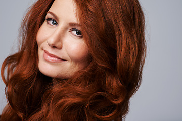 Image showing Portrait, beauty and hair with woman in studio isolated on white background for natural wellness. Face, skincare and haircare with confident mature model at spa for antiaging dermatology treatment