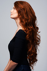 Image showing Hair, woman and studio shine for growth treatment, keratin and highlights in hairstyle. Happy female person, redhead and collagen wellness, natural beauty on model and isolated white background