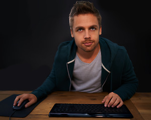 Image showing Man, keyboard for code and programmer typing, information technology with video game or software development. Internet, computer programming and face with gamer or developer for cyber security