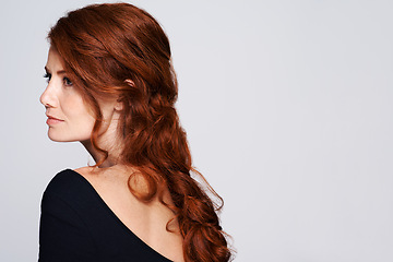 Image showing Beauty, space and thinking with woman in studio isolated on white background for natural wellness. Red hair, future and vision with confident mature model on mockup for keratin haircare treatment