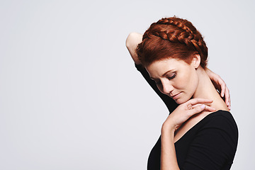 Image showing Woman, hair and braid crown for beauty, elegant hairstyle for glamour and redhead on white background. Haircare, shine and texture in studio with luxury and plait, cosmetic care and mockup space