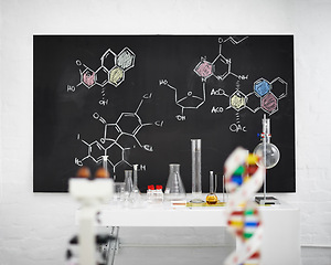 Image showing Science, laboratory and equipment with blackboard, molecules and atoms with education. Medical, chalk and drawing with research and data with university and chemistry with element and compound