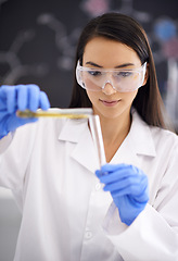 Image showing Woman, laboratory and science experiment with test tube for medical research as virus breakthrough, particles or liquid. Female person, ppe and equipment for future innovation, chemical or solution