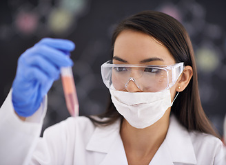 Image showing Scientist, test tube and woman in mask for research, experiment and cure. Science, glasses and medical professional with vial for chemistry, study and check liquid sample for laboratory analysis