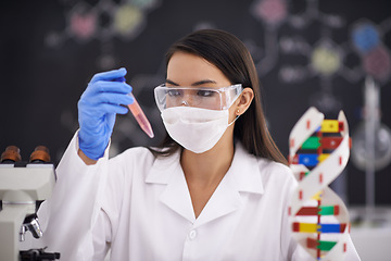 Image showing Science, test tube and woman in mask for medical research, experiment and dna. Scientist, glasses and professional with vial for chemistry, biology and check liquid sample for laboratory analysis