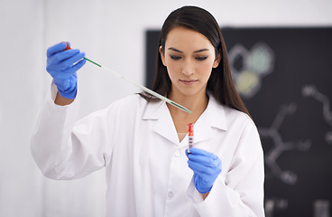 Image showing Woman, laboratory and science research with test tube or medical chemistry for breakthrough, particles or liquid. Female person, equipment and future innovation for study, investigation or solution