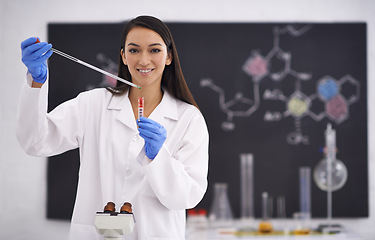 Image showing Woman, portrait and science experiment with test tube for medical investigation for virus, breakthrough or research. Female person, face and laboratory for futuristic innovation, chemistry or sample