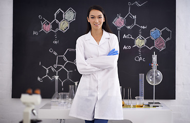 Image showing Science, woman and portrait of scientist in laboratory for career, chemistry and innovation for medical research. Professional, worker and expert with microscope, test tube or diagram of molecule