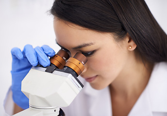 Image showing Woman, laboratory and microscope for science examination for medical research, futuristic or innovation. Female person, equipment and dna particles for investigation experiment, test or vaccine