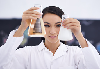 Image showing Woman, laboratory and science beakers for medical experiment for investigation, solution or futuristic. Female person, equipment and liquid for dna research or vaccine breakthrough, cure or chemistry