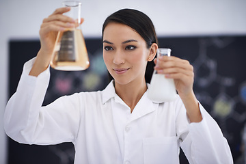 Image showing Woman, scientist and laboratory experiment or equipment for medical research or investigation, breakthrough or beakers. Female person, liquid and virus examination for healthcare, future or chemistry