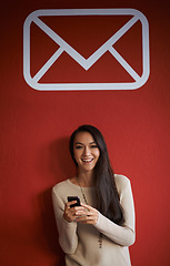 Image showing Girl, portrait and notification in studio with smartphone for internet, online and browsing social media. Female person, mobile and message icon on red background for text or contact, email and popup