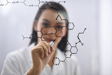 Image showing Board, hand and scientist drawing molecule for chemistry, research or analysis for solution in laboratory. Glass, science and woman writing formula with marker to study structure of atoms closeup