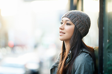 Image showing Wall, outdoor and woman with smile, thinking and relax with daydreaming, profile and happiness. Confident, Asian girl and female person wondering of idea with concentration with style in China