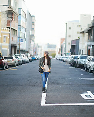 Image showing Women, travel and thinking in street in city for tour on urban culture or cityscape, vacation and journey in town. Female person, walk or commute and road to explore on holiday in New York for trip.