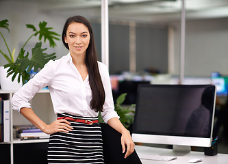 Image showing Portrait, computer screen and businesswoman with confidence in office and technology for productivity. Happy, face and web developer with job satisfaction, connection and software update in company