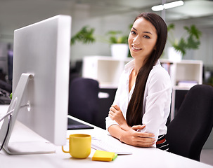 Image showing Office, monitor and portrait of woman at desk for administration, research and compliance. Smile, face and employee with technology for Human Resources, internet search and ready for work with coffee