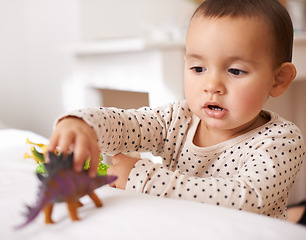 Image showing Kid, toddler and play with toy in home, games and dinosaur for child development in bedroom. Person, girl and entertainment for enjoyment in childhood, curious and plastic animal for fun on bed