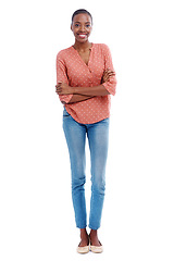 Image showing Smile, confidence and portrait of woman for fashion, style or trendy with cool outfit isolated on white background. Female person, casual and lady with arms crossed, blue jeans or garments in studio