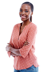 Image showing Smile, happy and portrait of black woman in fashion, clothes or trendy with cool outfit isolated on white background. Female person, style or lady with arms crossed, blue jeans or garments in studio
