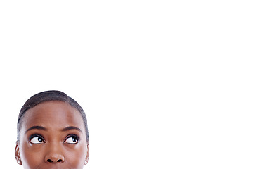 Image showing Face, thinking and black woman by mockup with vision for presentation, marketing and promotion isolated on white background. Female person, lady and copy space with idea for advertising in studio