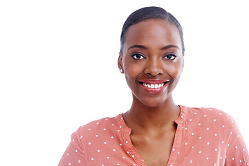 Image showing Studio, mockup and portrait of black woman with smile for makeup, beauty and cosmetics with confidence. African person, face and happy on white background for cosmetology, satisfaction and positivity