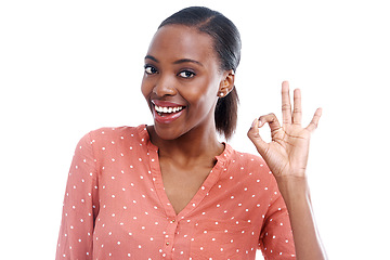 Image showing Black woman, portrait and OK hand gesture for agreement, feedback and review with like emoji on white background. Success, support and subscribe with vote, opinion and good news in studio for praise