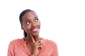 Image showing Black woman, thinking and inspiration for ideas and future, mockup space with mindfulness and solution on white background. Brainstorming, problem solving and insight with smile in studio for vision