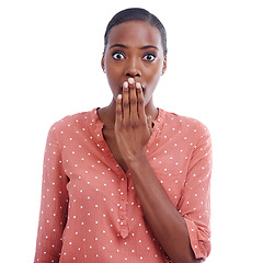 Image showing Black woman, portrait and shock with surprise in studio, reaction to drama with horror and wide eyes on white background. Alarm, alert with notification or news, facial expression and wow for crisis