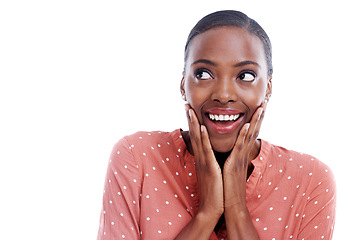 Image showing Face, smile and black woman by mockup with wow, surprise and omg expression isolated on white background. Female person, lady and copy space with shock, amazed and excited look for idea in studio