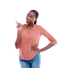 Image showing Black woman, point at mockup space and advertising, presentation with information and news on white background. Announcement, presenter with display or show for marketing, promo and ads in a studio