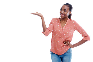 Image showing Black woman, mockup space and advertising in presentation with information, portrait and news on white background. Announcement, presenter with display or show for marketing, promo and ads in studio