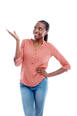 Image showing Smile, mockup and black woman with hand for presentation, marketing or promotion with fashion on white background. Female person, casual and lady with gesture for advertising, show and display