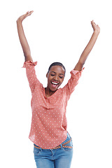 Image showing Winner, black woman and success for achievement, celebration and happiness isolated on white background. Female person, expression and arms with gesture for victory, pride and excited in studio