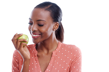 Image showing Smile, mockup and black woman with apple for food, eating or healthy diet isolated on white background. Female person, lady and fruit for nutrition, energy and wellness with copy space in studio